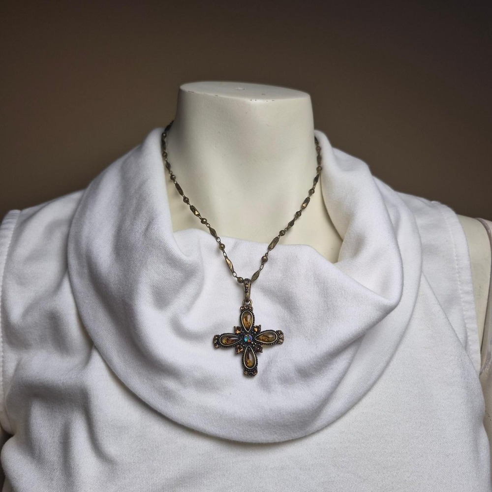 Vintage Antique Brass Amber Crystal Cross Pendant Necklace Gothic Boho Jewelry